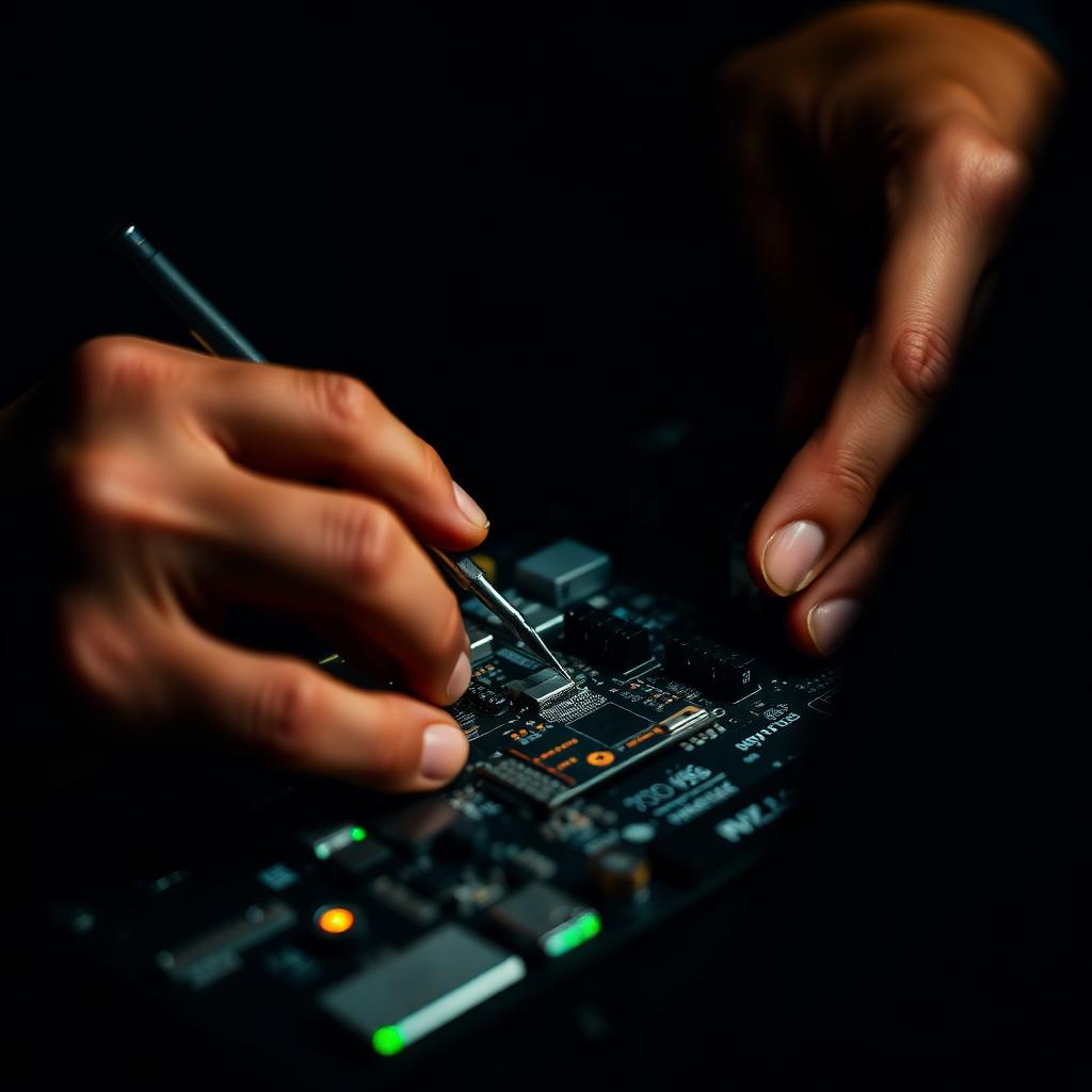 Técnico especializado realizando reparo em placa-mãe
