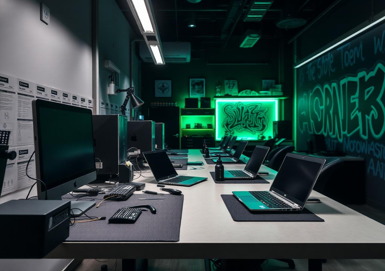 Bancada técnica organizada com vários notebooks em manutenção
